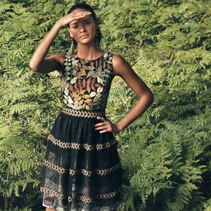 Anthropologie Varun Bahl Embroidered Vine Black Tulle Gold Leaves Tiered Dress